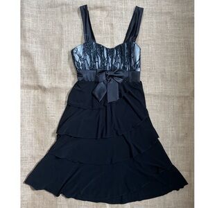 Vintage Black Tiered Party Dress XXS XS Satin Bow Lace Bodice Whimsigoth Y2K